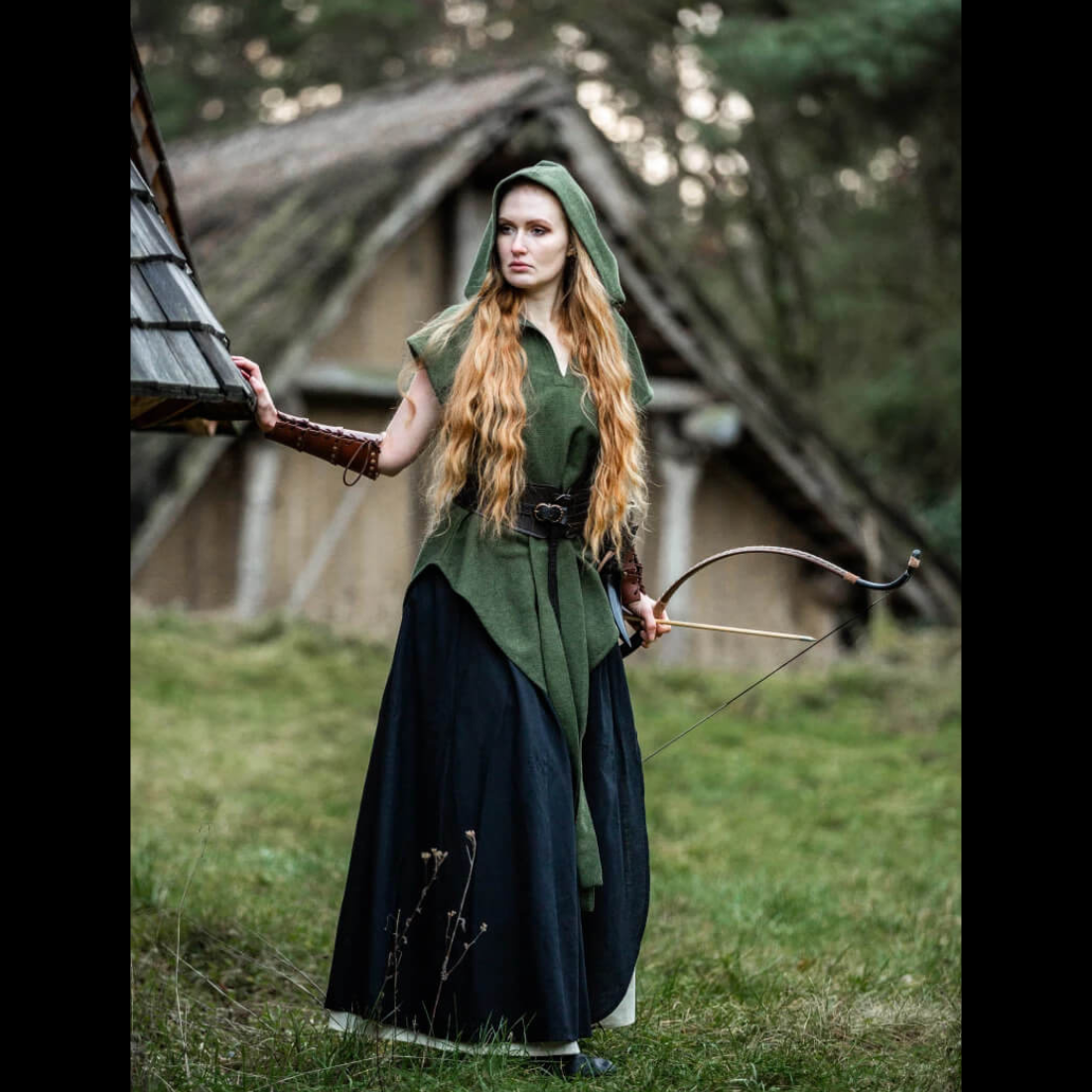 Tunique Viking verte à capuche pour femmes | Ceinture incluse