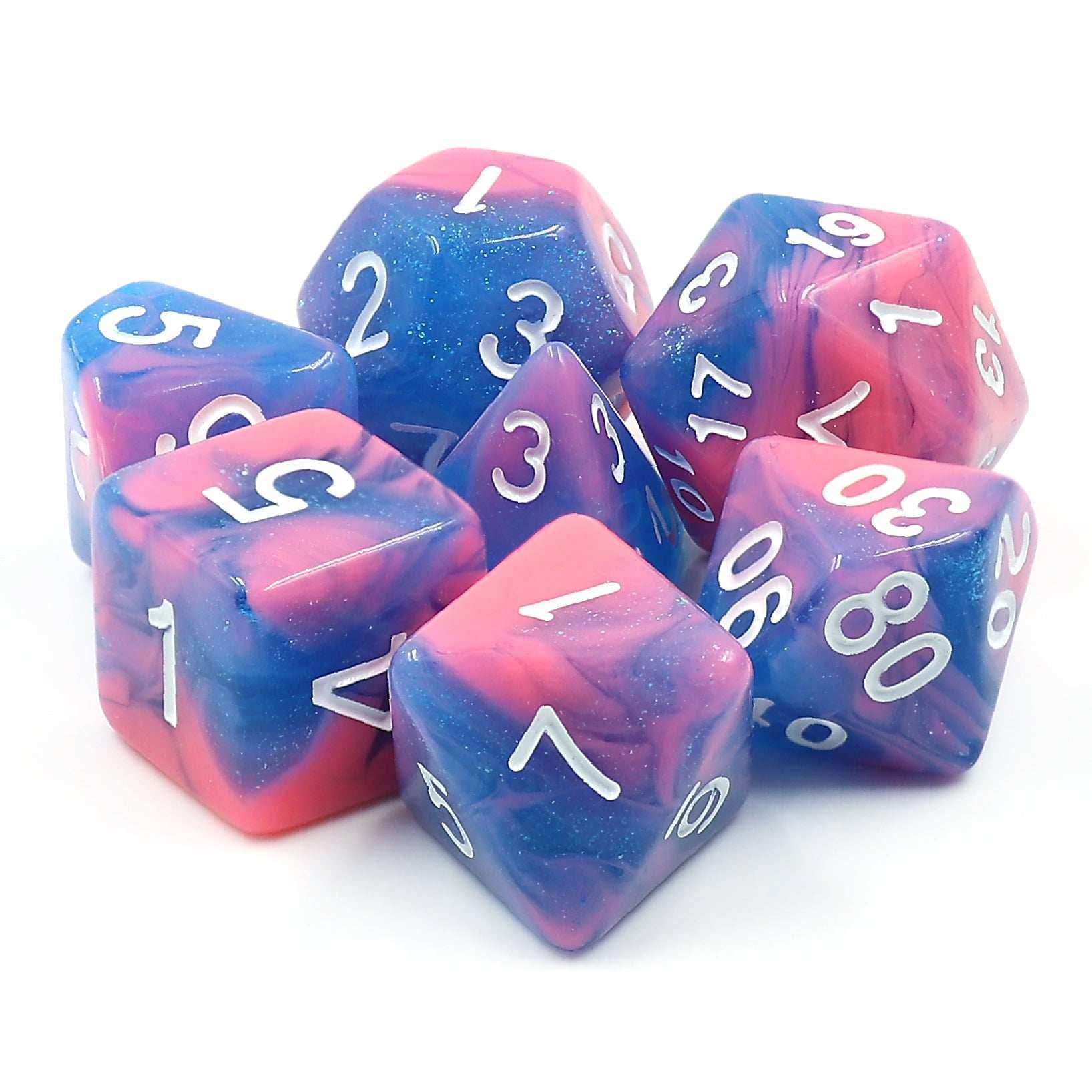 Miami Vice Blue/Pink Glitter/Swirl 7-Dice Set by HendgaDice - 