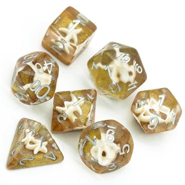 White Starfish Dice on Gold 7-Dice Set Resin Dungeons and Dragons Dice - 