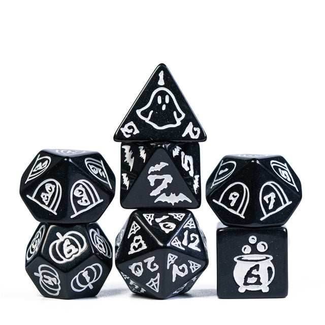Halloween Black w/White | Pumpkin/Ghost/Bat/Cauldron 7-Dice Set DND - 