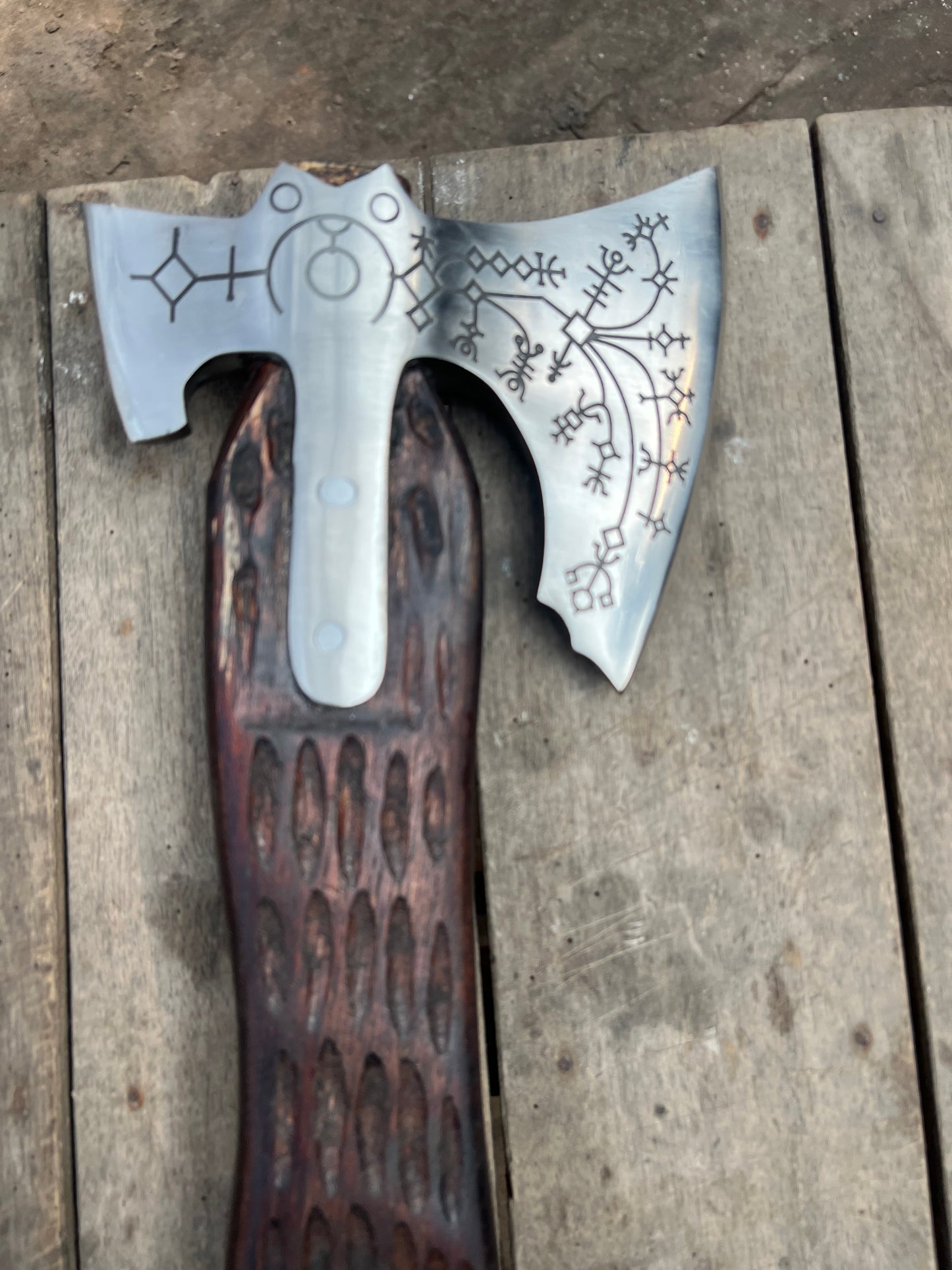 Hand Engraved Viking Double-Bit Axe with Carved Hardwood Handle and Norse Rune Detailing | Handmade Damascus Steel Collector Axe | JW SteelCrafts