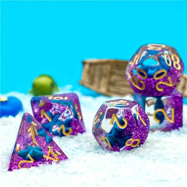 Purple w/Blue Starfish Dice 7-Dice Set Resin Dungeons and Dragons Dice - 