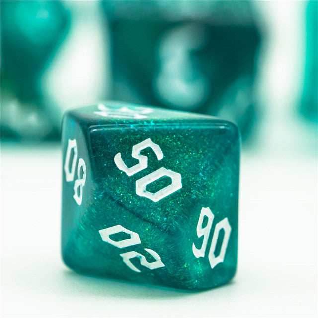 Blue-Green Glitter Party Dice (White font) 7-Dice Set RPG DND - 
