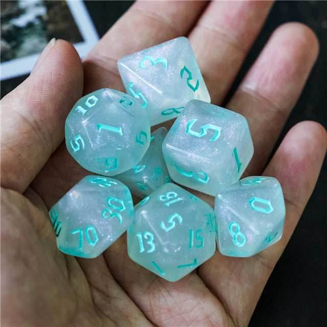 Glitter Party White Glitter Dice (Mint font) 7-Dice Set RPG DND - 
