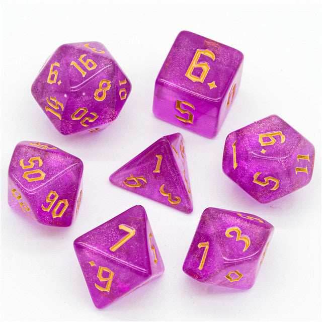 Violet Glitter Party Glitter Dice (Gold font) 7-Dice Set RPG DND - 