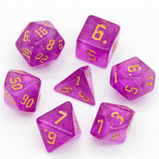 Violet Glitter Party Glitter Dice (Gold font) 7-Dice Set RPG DND - 