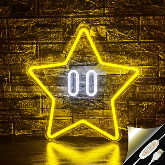 Star Neon Sign – Gaming Neon Wall Decor for Game Room & Kids Room Lighting - Yellow with White Backplate