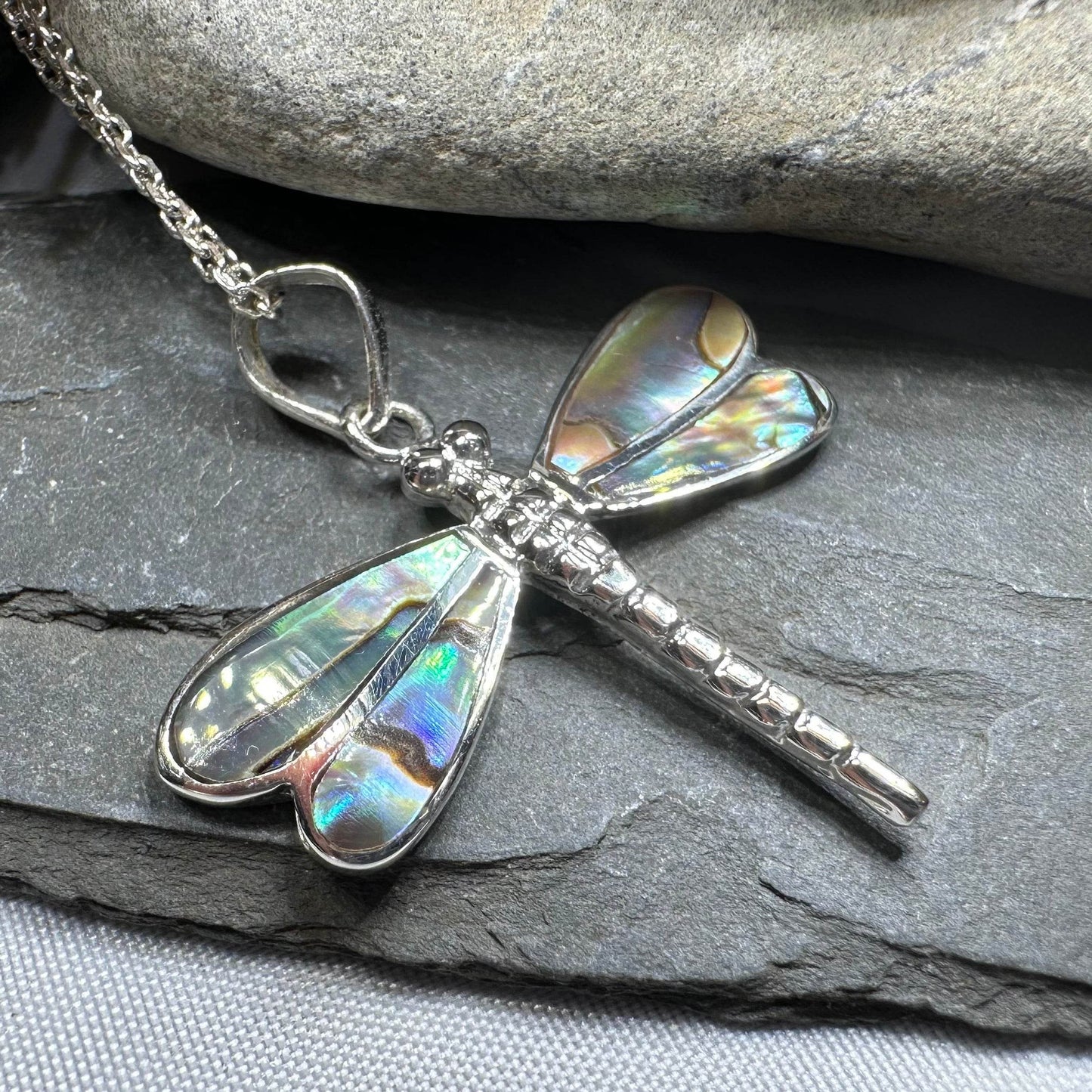 Shimmering Dragonfly Necklace - blue abalone shell