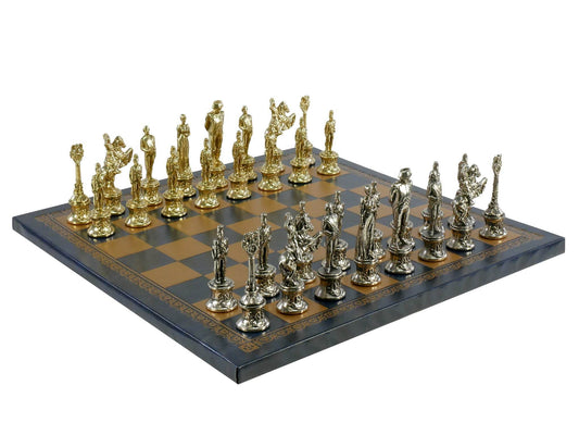 Chess Set- Napoleon Character Metal Men on Gold/Blue Leather Chess Board - 