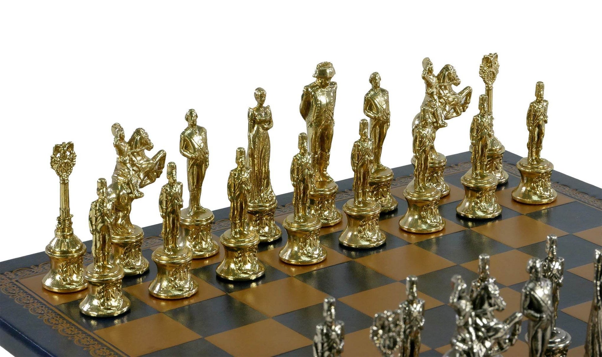 Chess Set- Napoleon Character Metal Men on Gold/Blue Leather Chess Board - 