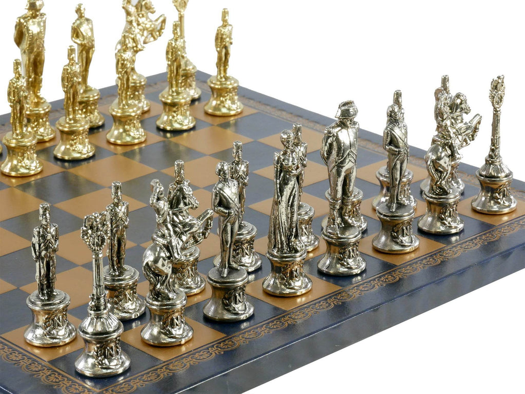 Chess Set- Napoleon Character Metal Men on Gold/Blue Leather Chess Board - 