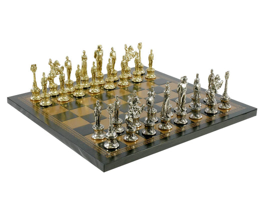 Chess Set- Napoleon Character Metal Men on Gold/Black Leather Chess Board - 