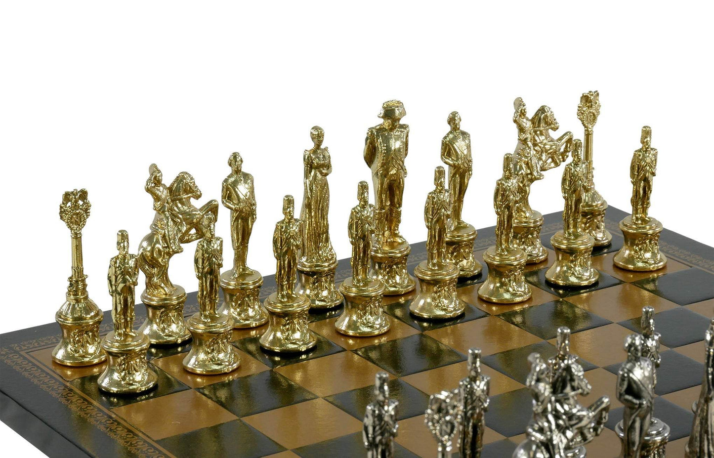 Chess Set- Napoleon Character Metal Men on Gold/Black Leather Chess Board - 