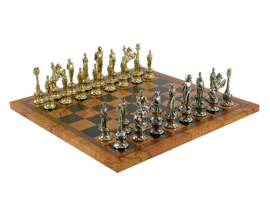 Chess Set- Napoleon Character Metal Men on Old World Leather Chess Board - 
