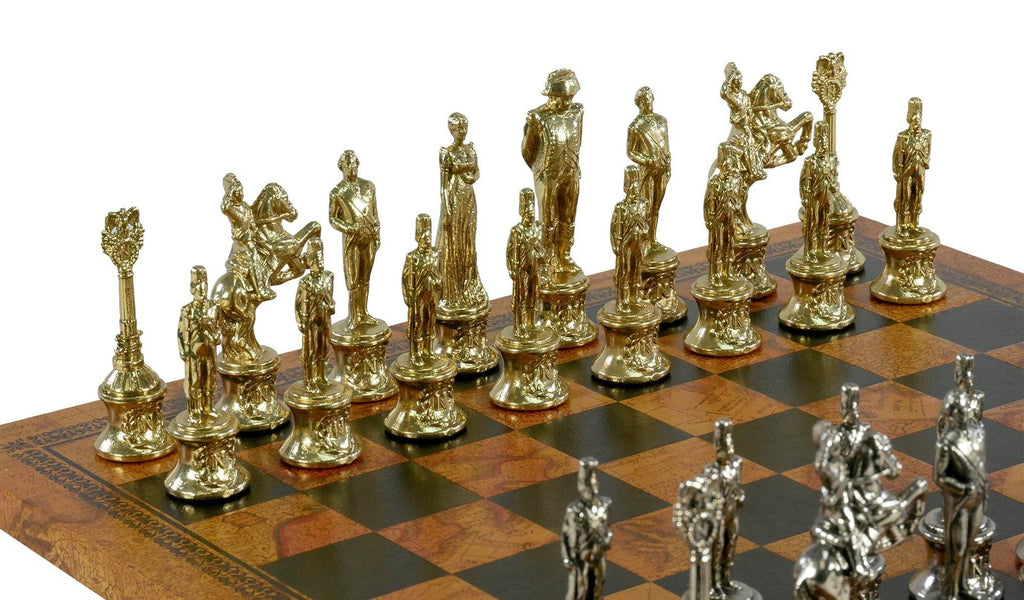 Chess Set- Napoleon Character Metal Men on Old World Leather Chess Board - 