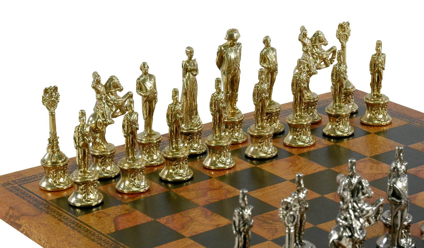 Chess Set- Napoleon Character Metal Men on Old World Leather Chess Board - 