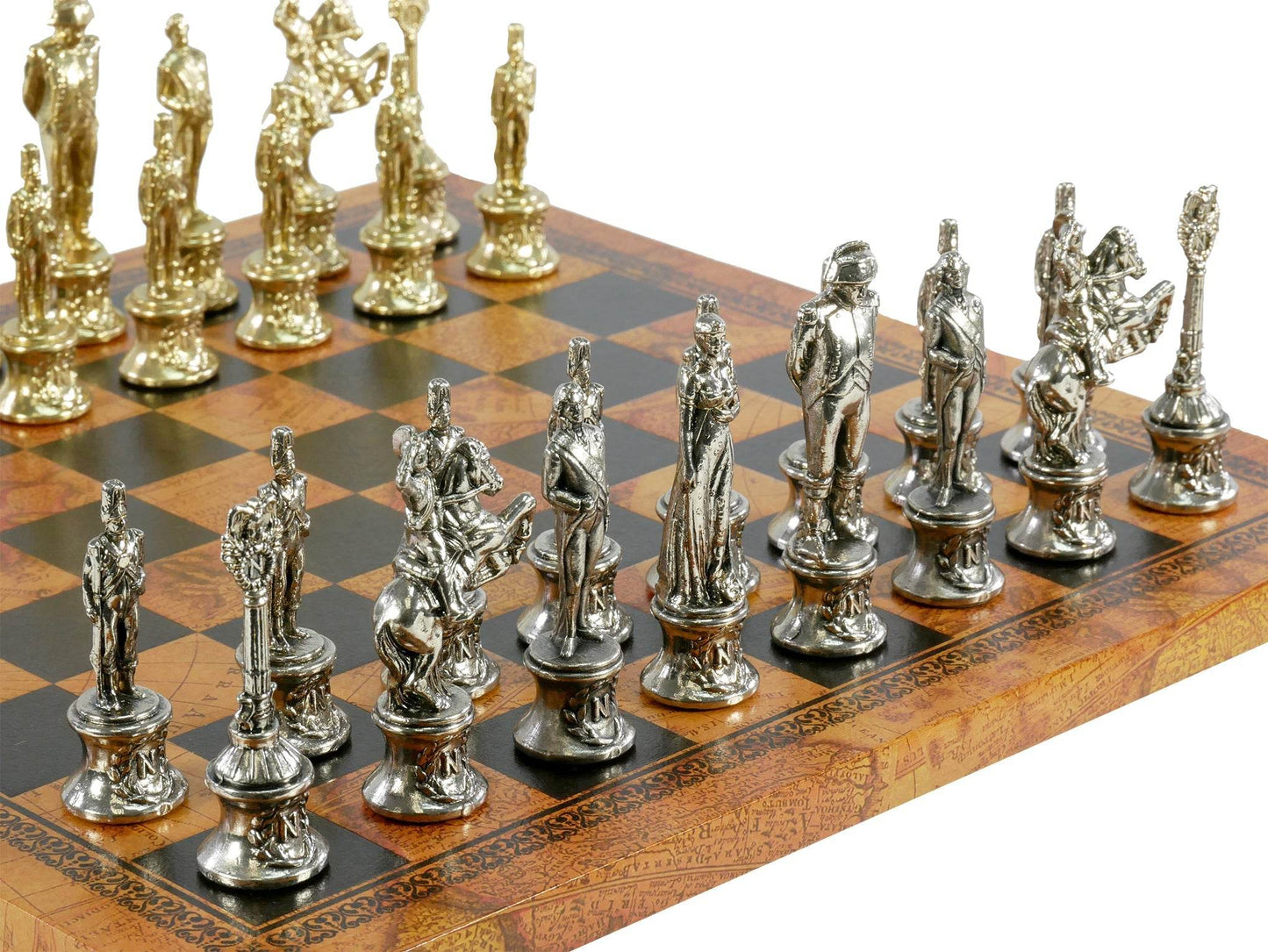 Chess Set- Napoleon Character Metal Men on Old World Leather Chess Board - 
