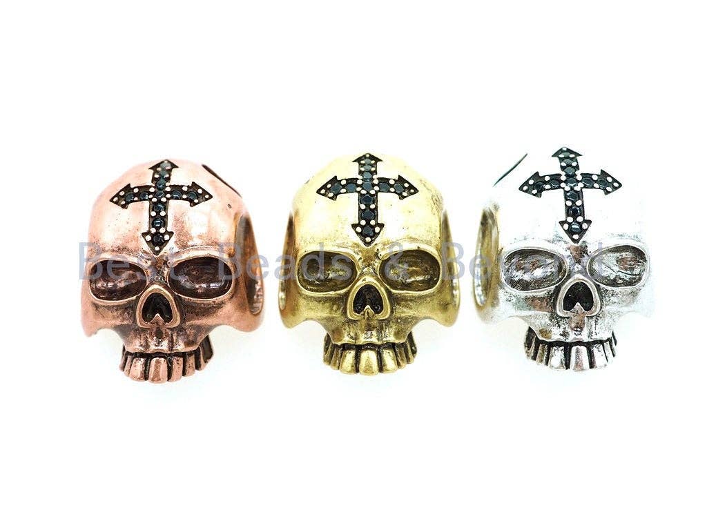 Black CZ Pave Cross on Skull Head Bead,Paracord Survival Bracelet Beads,Keychain Lanyard Making Beads,Men's Jewelry Findings,20mm,sku#Y111