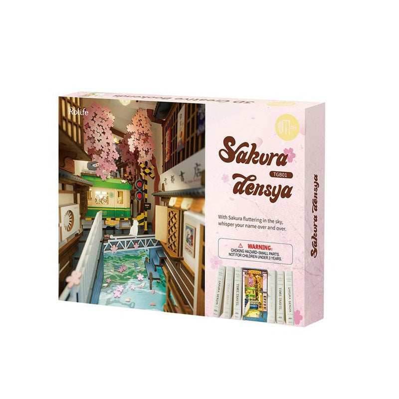 DIY Wooden Book Nook Kit – Sakura Densya Miniature Dollhouse with LED Light - A