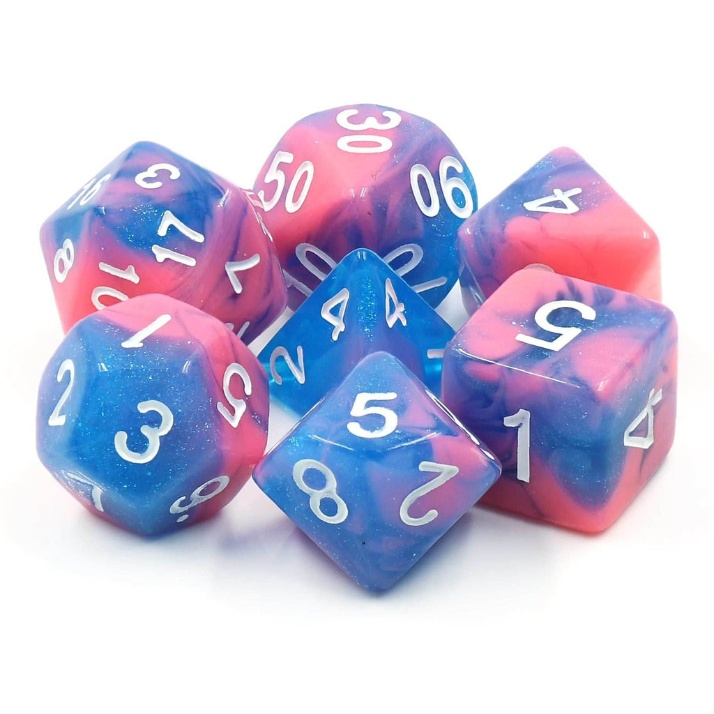Miami Vice Blue/Pink Glitter/Swirl 7-Dice Set by HendgaDice - 