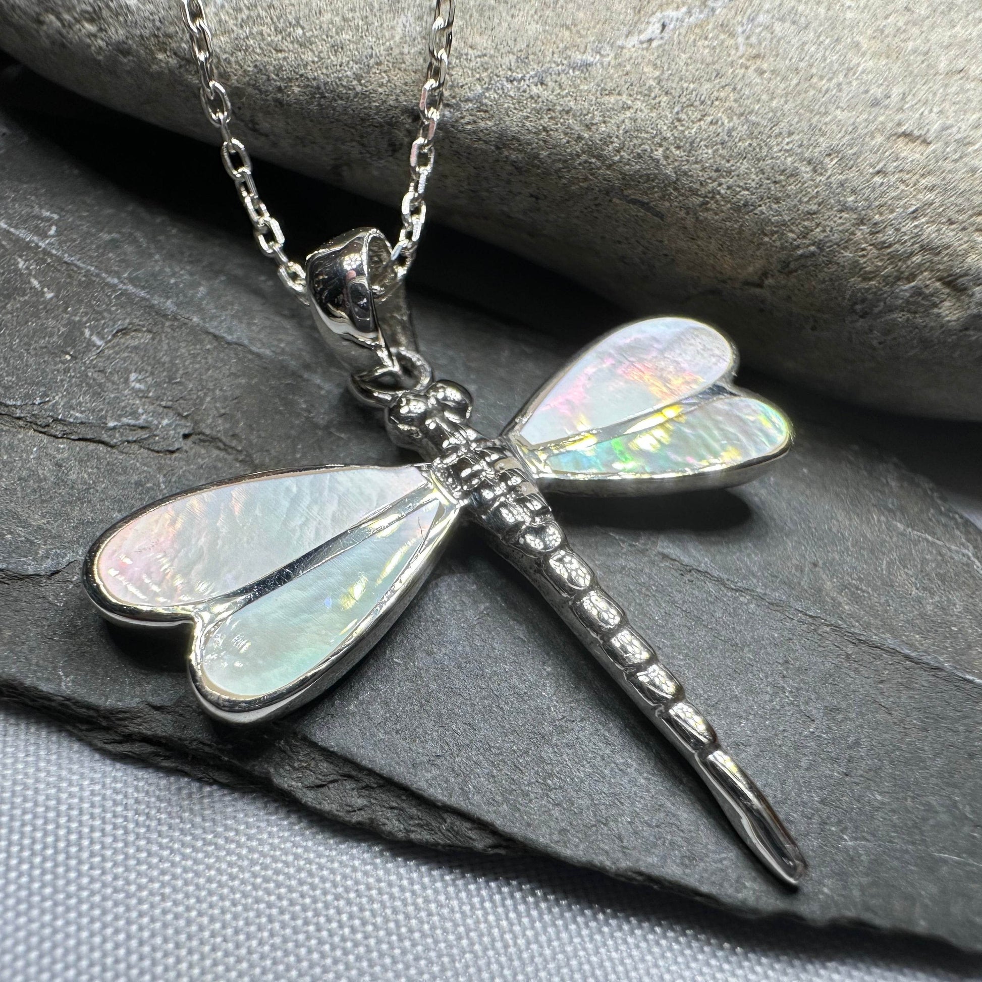 Shimmering Dragonfly Necklace - blue abalone shell