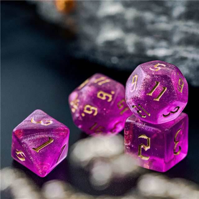 Violet Glitter Party Glitter Dice (Gold font) 7-Dice Set RPG DND - 