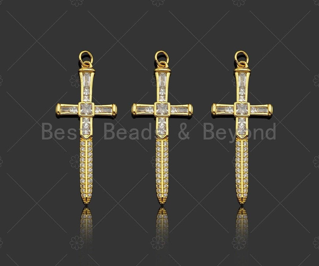 Gold Filled CZ Micro Pave Cross Sword Shape Pendan,18K Gold Filled Cross Charm, Necklace Bracelet Charm Pendant,18x43mm,Sku#Y460