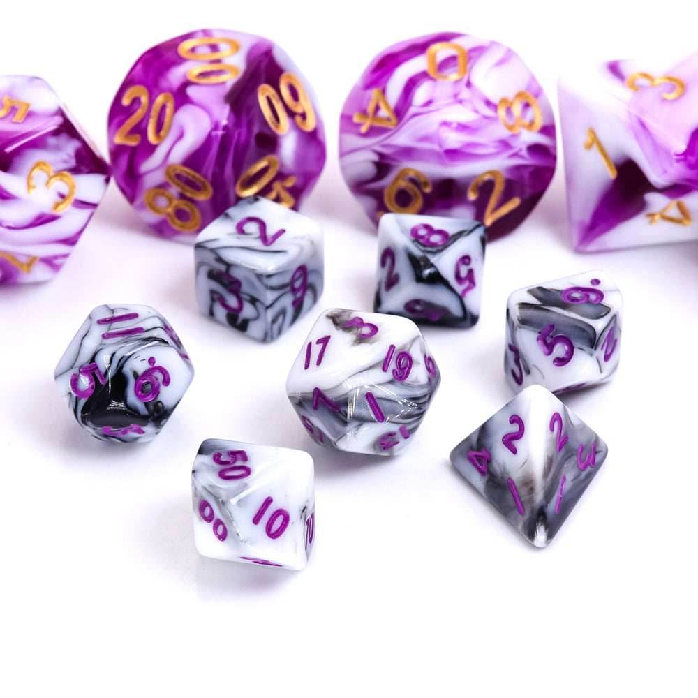 Black White Blend 7-Dice Mini-Dice RPG Set w/Purple Numbers Miniature Dice - 
