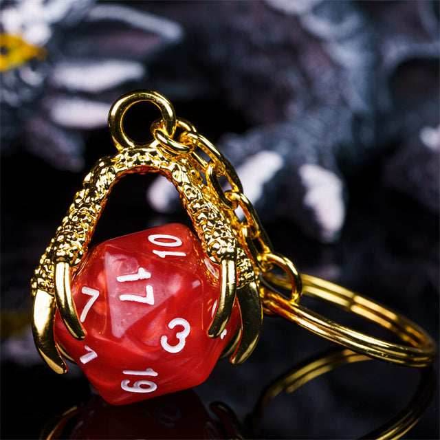 Claw Red D20 Keychain Featuring Gold Metal Dragon Claw + d20 - 