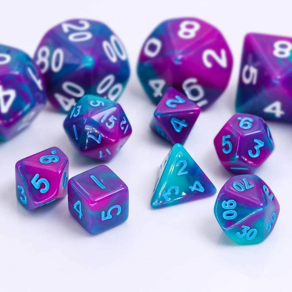 Teal Purple Blend 7-Dice Mini-Dice RPG Set w/Blue Numbers Miniature Dice - 