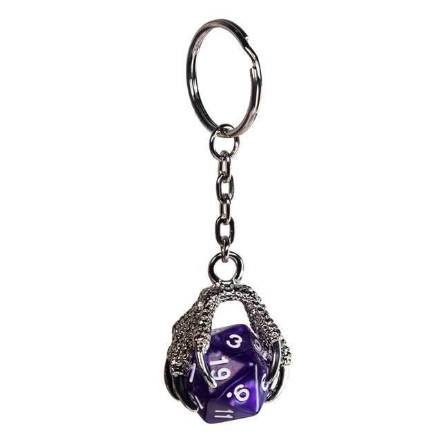 Claw Purple D20 Keychain Featuring Silver Metal Dragon Claw + d20 - 