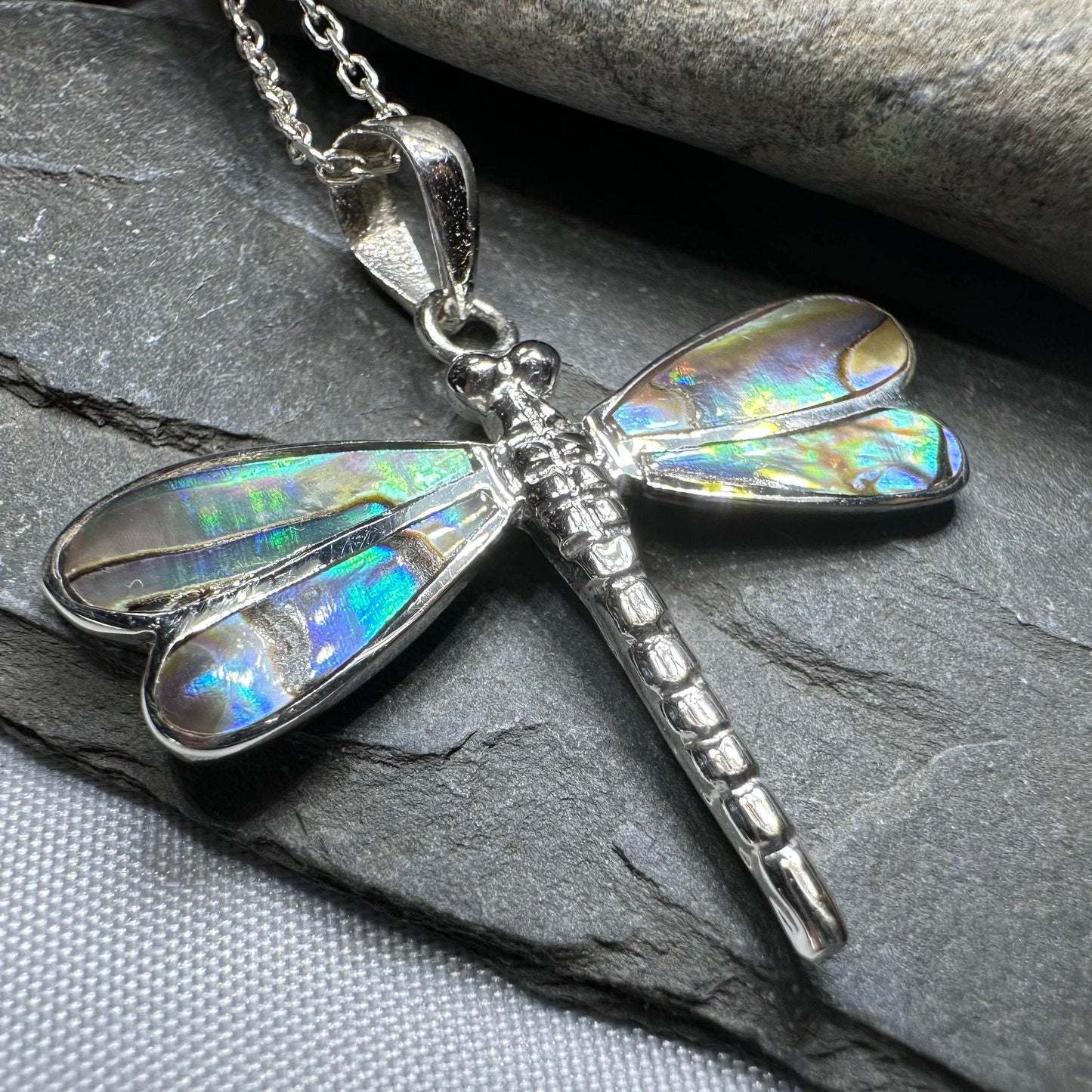 Shimmering Dragonfly Necklace - blue abalone shell