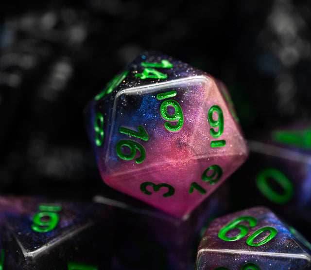 Purple & Blue w/green Galaxy Glitter 7-Dice Set RPG - 