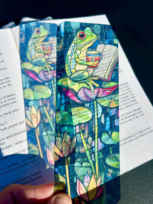 Frog on Lily Pad Bookmark with Tea and Cozy Mystery – Stained Glass Style Art for Whimsical Readers, Nature Lovers, and Cozy Book Fans