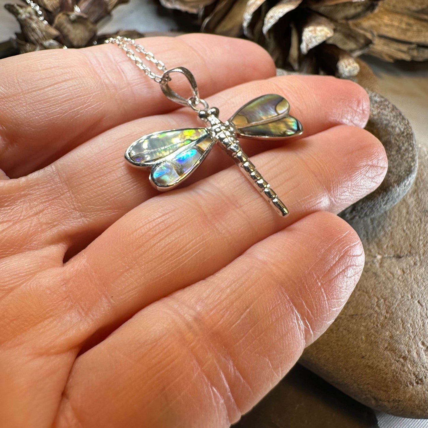 Shimmering Dragonfly Necklace - blue abalone shell