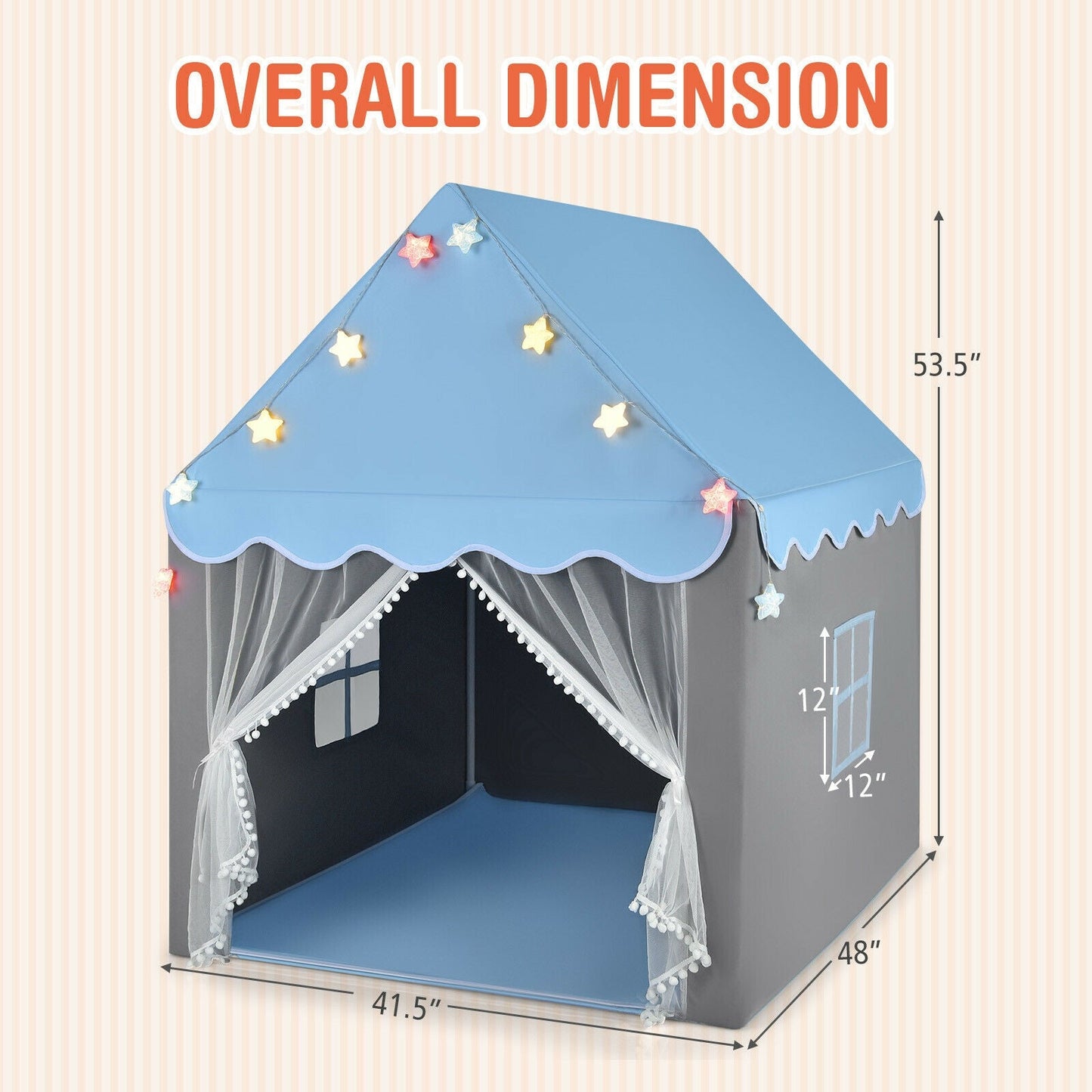 Kids Playhouse Tent with Colorful Star Lights and Mat-Blue