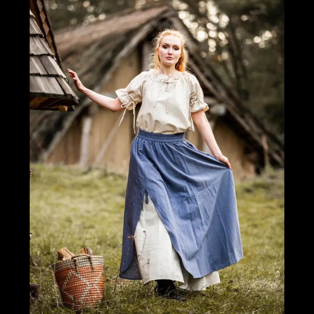 Blue & Natural Viking Skirt | Double Layer with Slit