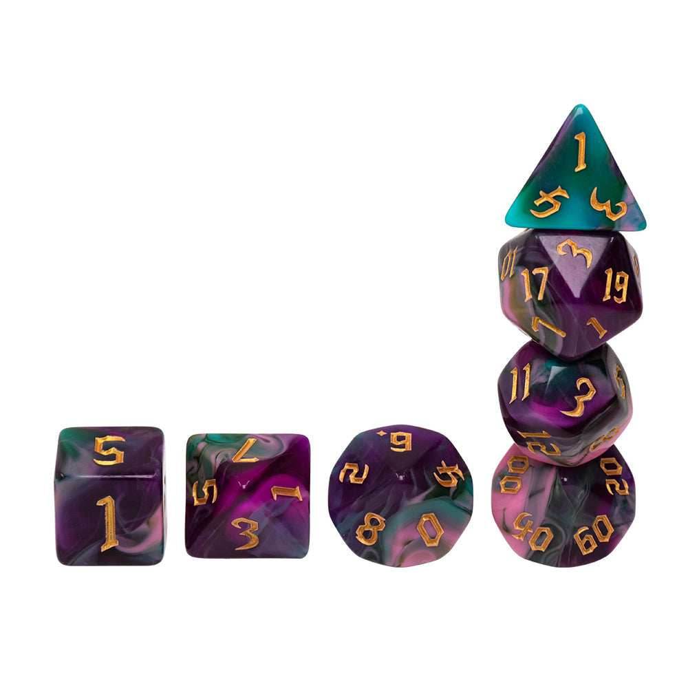 Night Elves 7-Dice Set Pink/Green/Purple w/Gold Numbers Dnd Dice Set - 