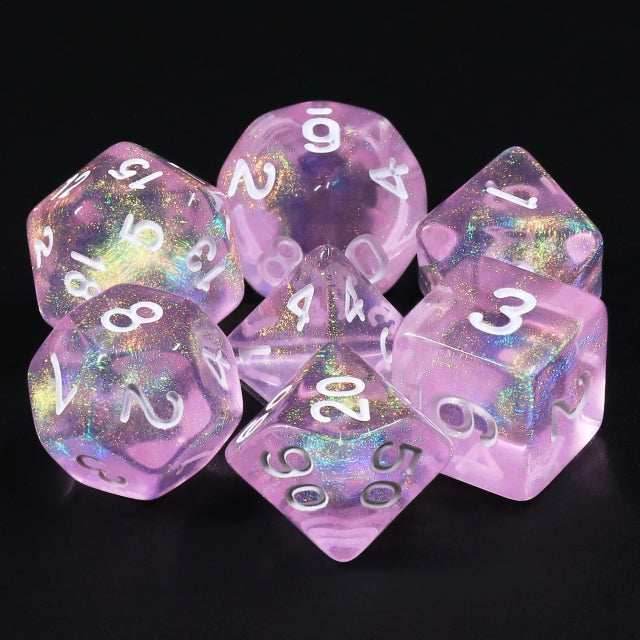 Candy Luxury (formerly Barbie Pink) Glitter with White Numbering 7-Dice Set RPG - 