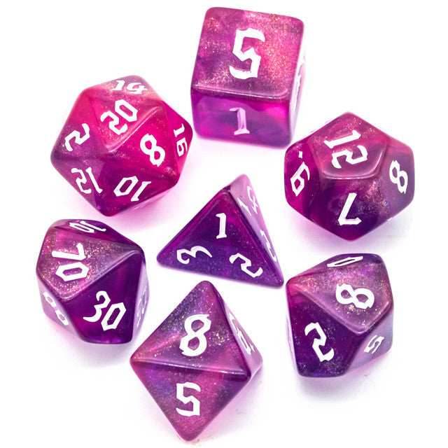Purple + Red Glitter Party Dice (White font) 7-Dice Set RPG DND - 