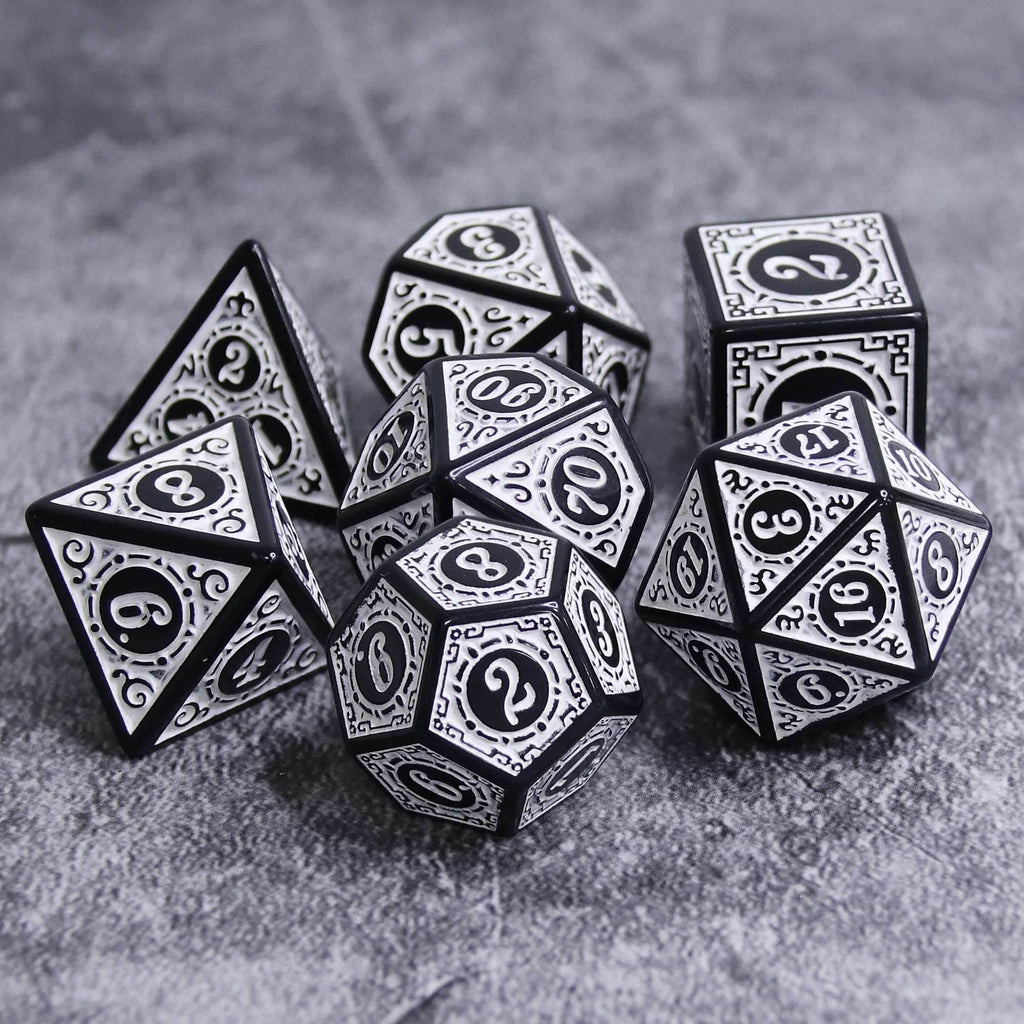 White Magic Flame 7-Dice Set DND RPG Dice Black w/Color Fill - 