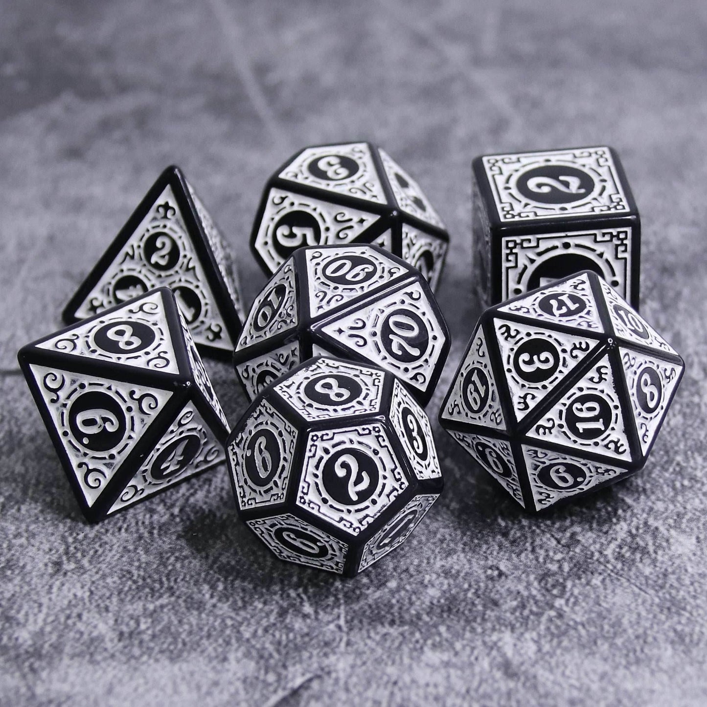 White Magic Flame 7-Dice Set DND RPG Dice Black w/Color Fill - 