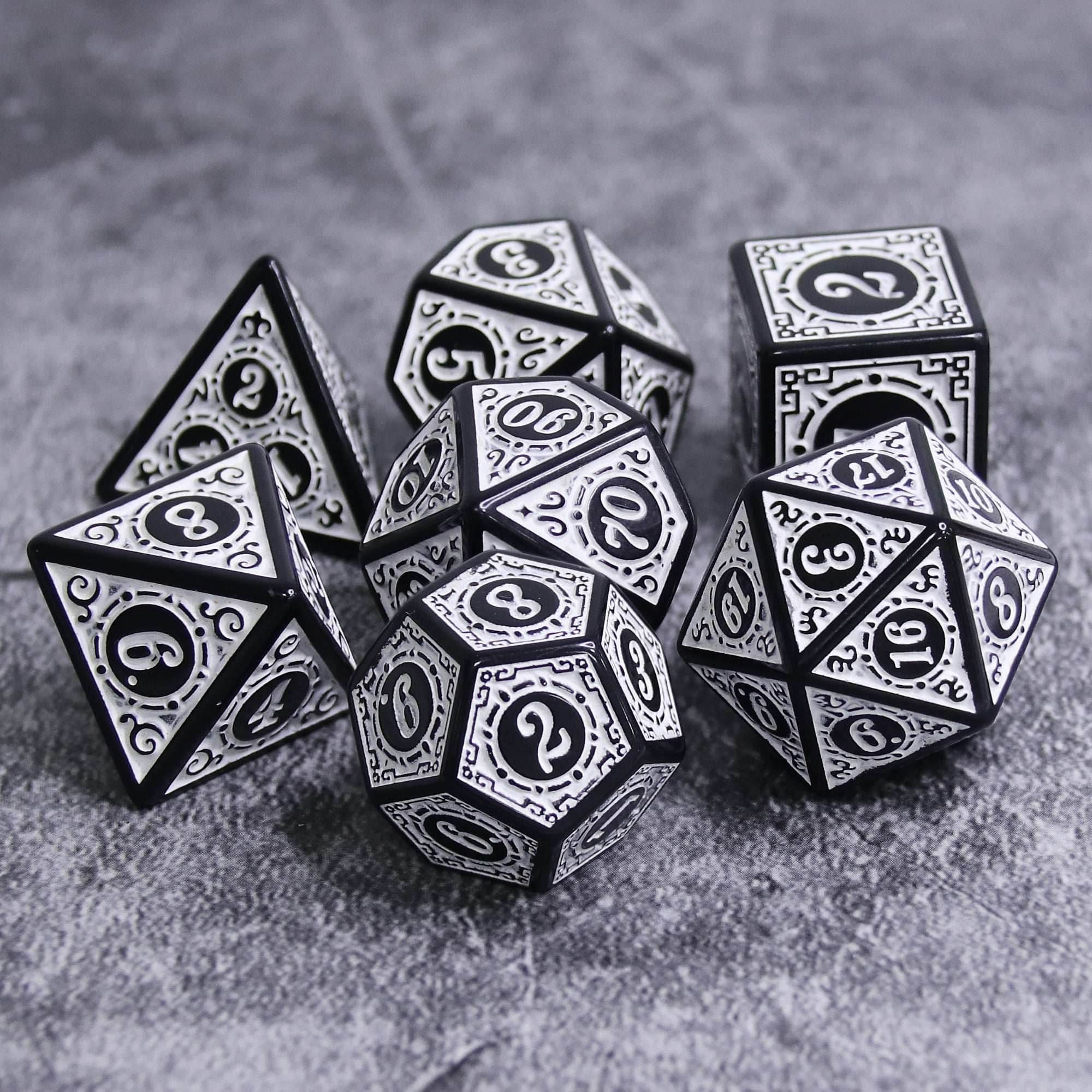 White Magic Flame 7-Dice Set DND RPG Dice Black w/Color Fill - 