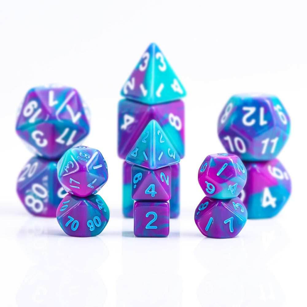 Teal Purple Blend 7-Dice Mini-Dice RPG Set w/Blue Numbers Miniature Dice - 