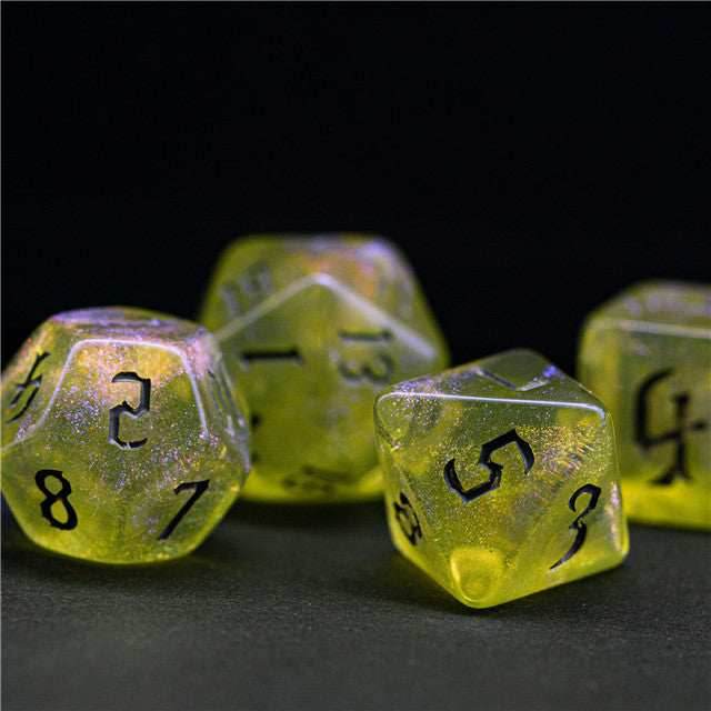 Yellow Glitter Party Glitter Dice (Silver font) 7-Dice Set RPG DND - 
