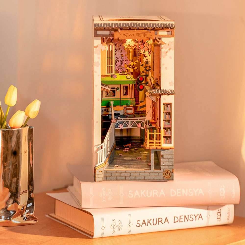 DIY Wooden Book Nook Kit – Sakura Densya Miniature Dollhouse with LED Light - A
