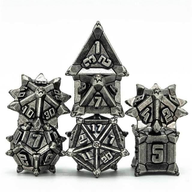 Vintage Silver Pinwheel Strengthened Metal 7-Dice Set | Metal DND Dice - 