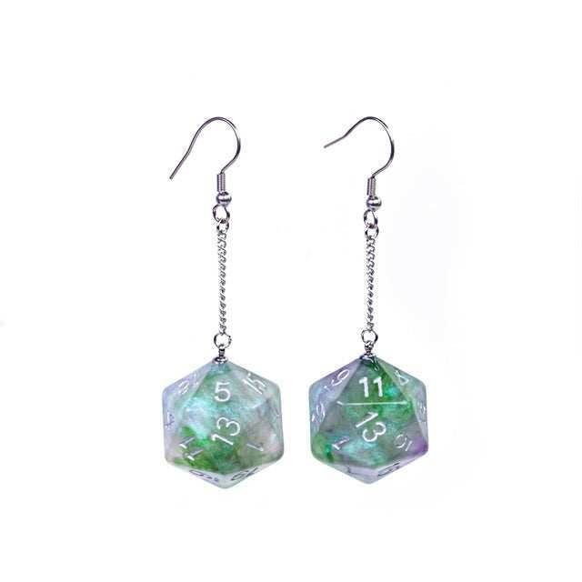 Glitter Green Dice Earrings: D20 Dice Spinning Colors Nerdy RPG Jewelry - 