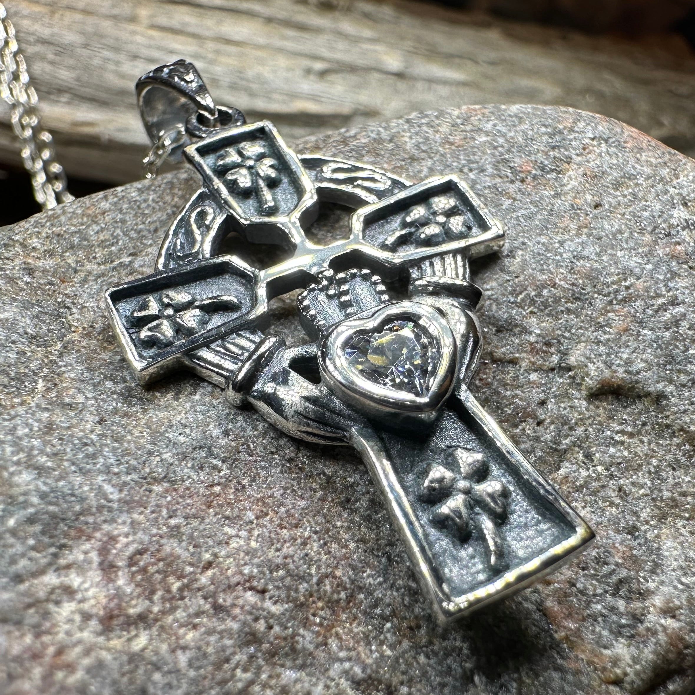 Irish Love Shamrock Claddagh Cross Necklace