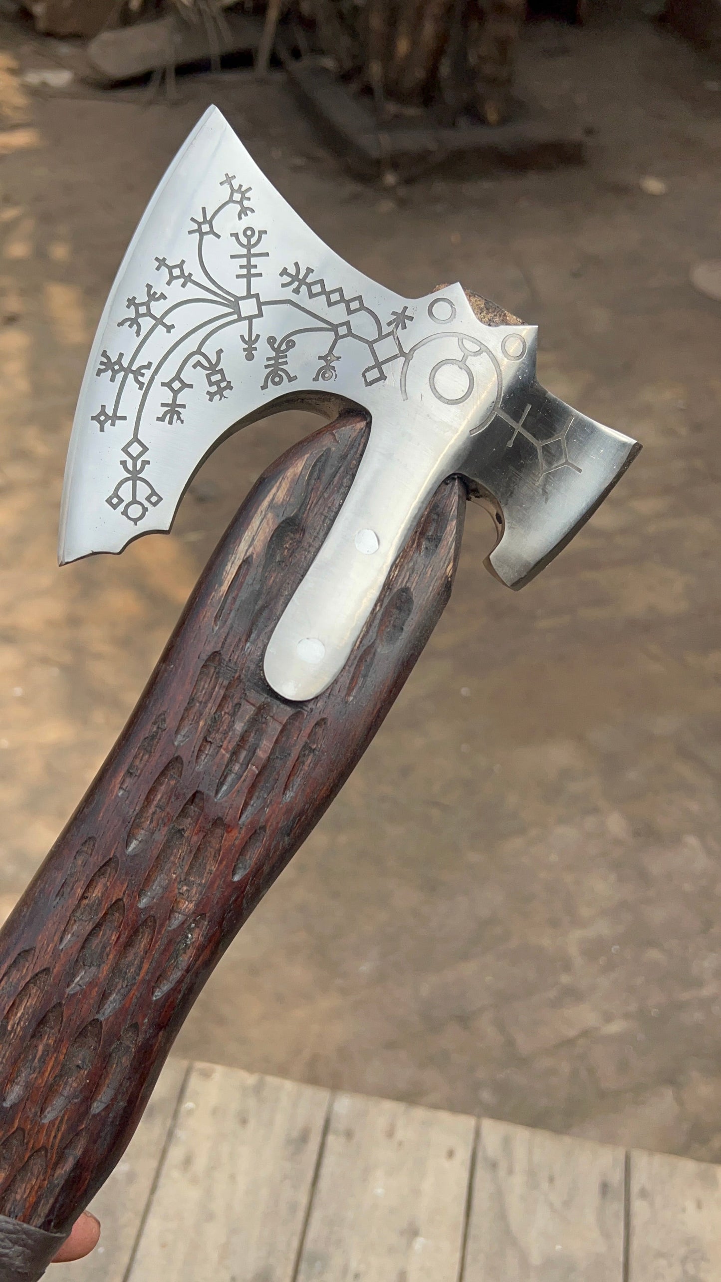 Hand Engraved Viking Double-Bit Axe with Carved Hardwood Handle and Norse Rune Detailing | Handmade Damascus Steel Collector Axe | JW SteelCrafts